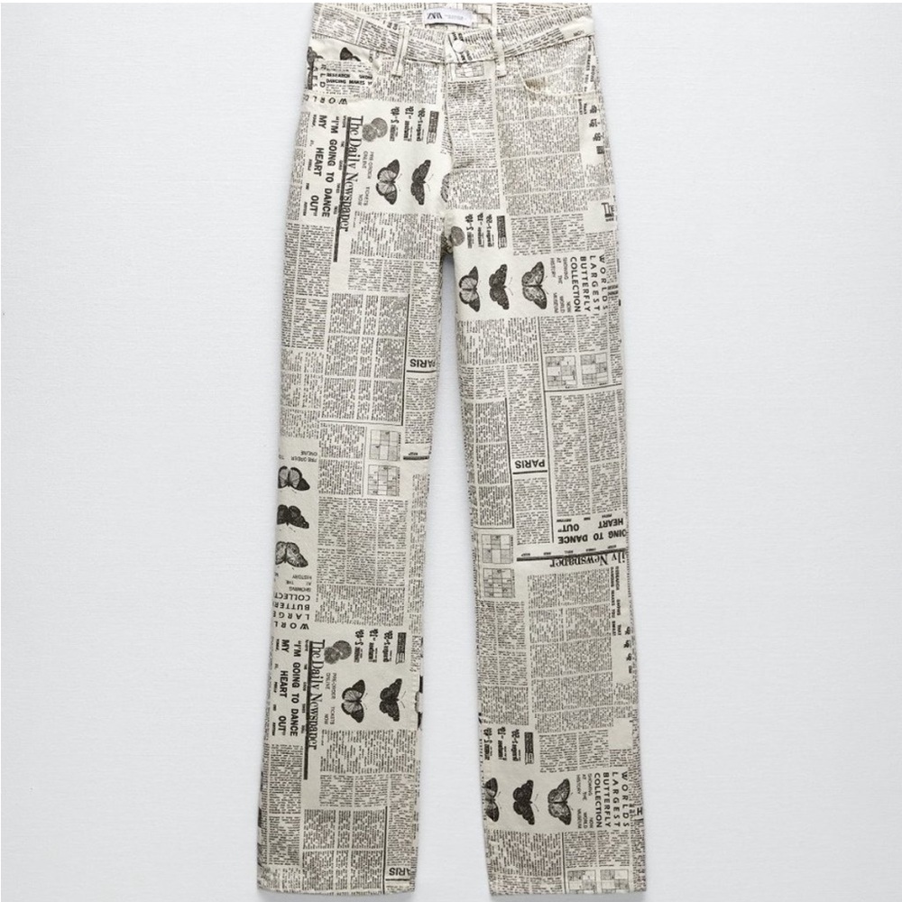 Zara Newspaper Print Straight Leg Jeans